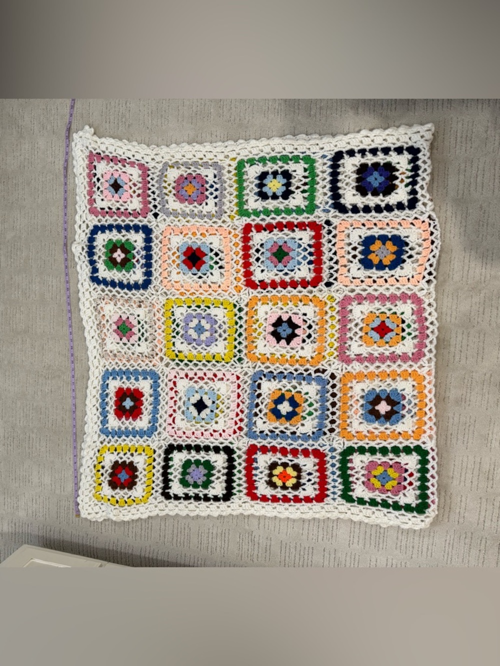 Vintage Handmade Multicolor Crochet Granny Square Throw